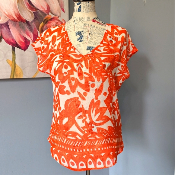 The Limited Tops - The Limited Orange and White Flutter Sleeve Blouse